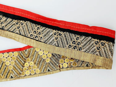 Indian Sari Trim, Black Art Silk Fabric With Gold Embroidery And Red Piping, Gold Sequins